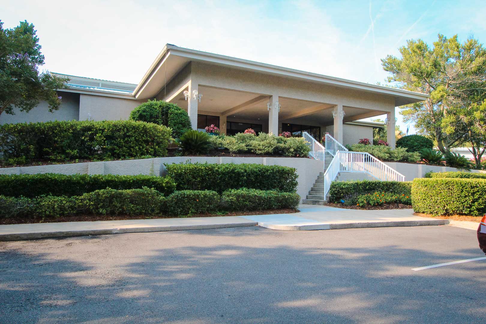 An exterior view of the lobby at VRI's Players Club Resort in Hilton Head Island, South Carolina.